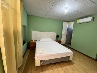 a bedroom with a bed in a room with green walls at Casa de Huéspedes Noche de Luna in San Salvador