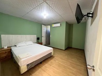 a bedroom with a large bed and green walls at Hostal Noche de Luna in San Salvador
